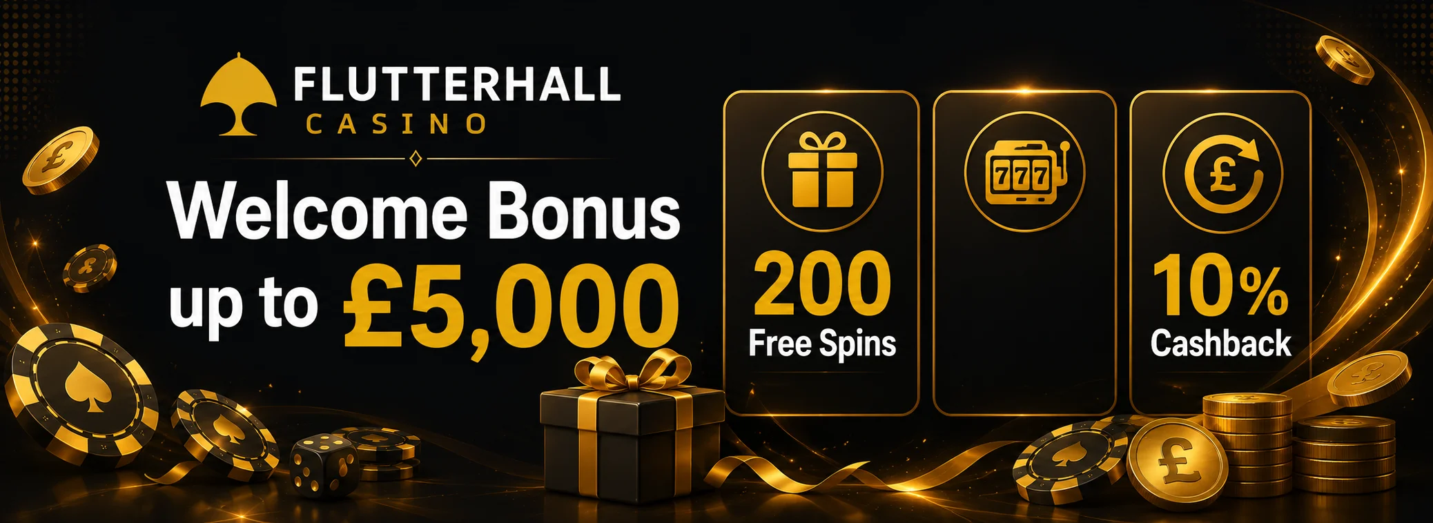 Flutterhall welcome package: £5,000 and 200 free spins